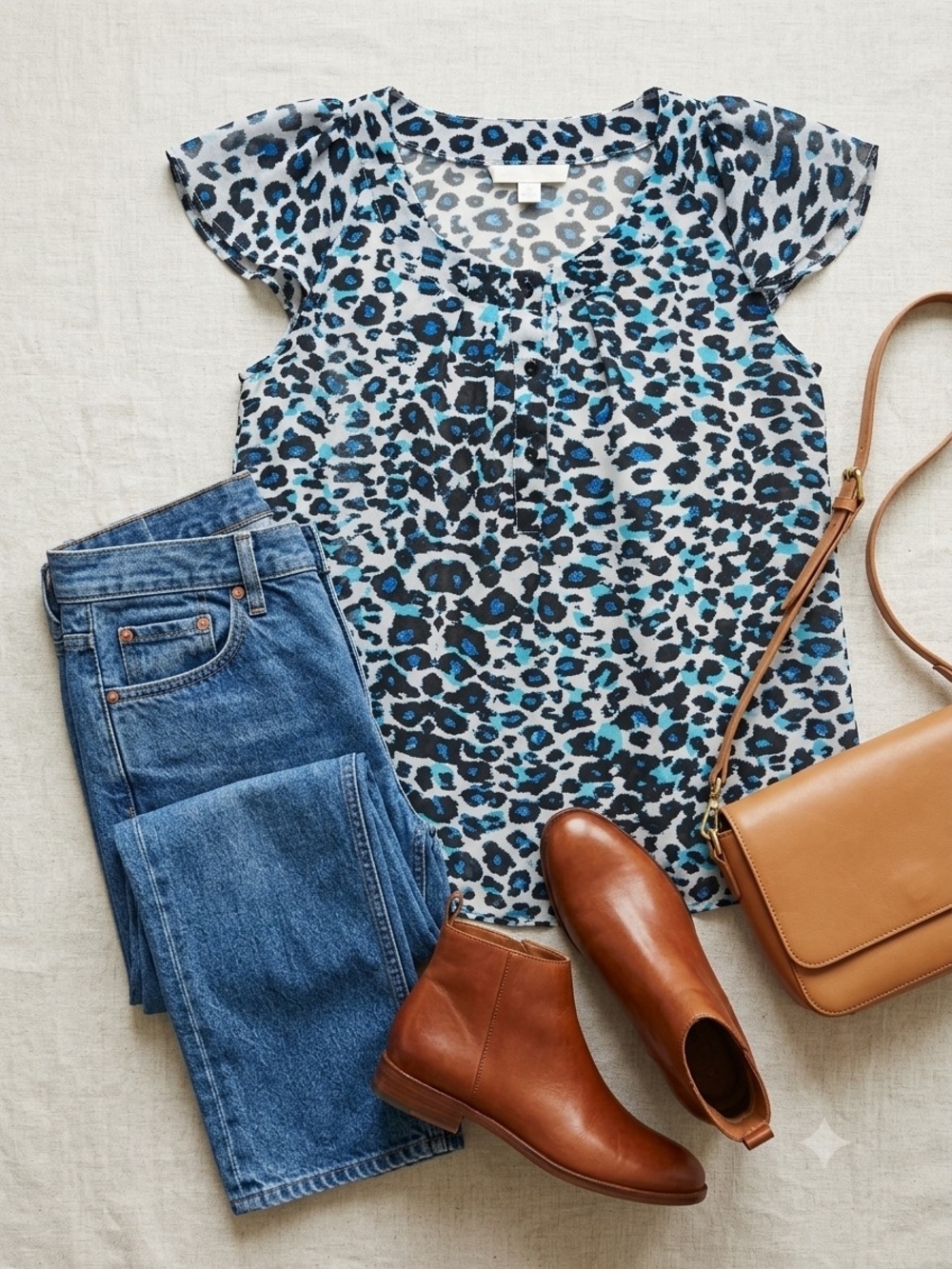 2/$15 Blue Leopard Print Short Sleeve Blouse